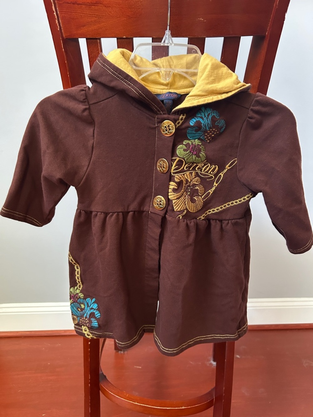 Dereon Brown Hoodie Dress with Yellow Lining and Floral Embroidery